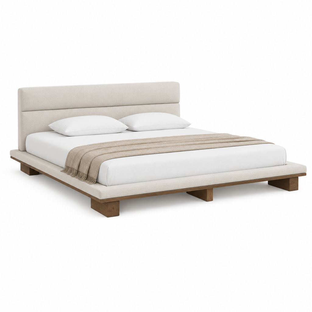 Lit plateforme double beige et noyer en bois massif et polyester 180 x 200 cm