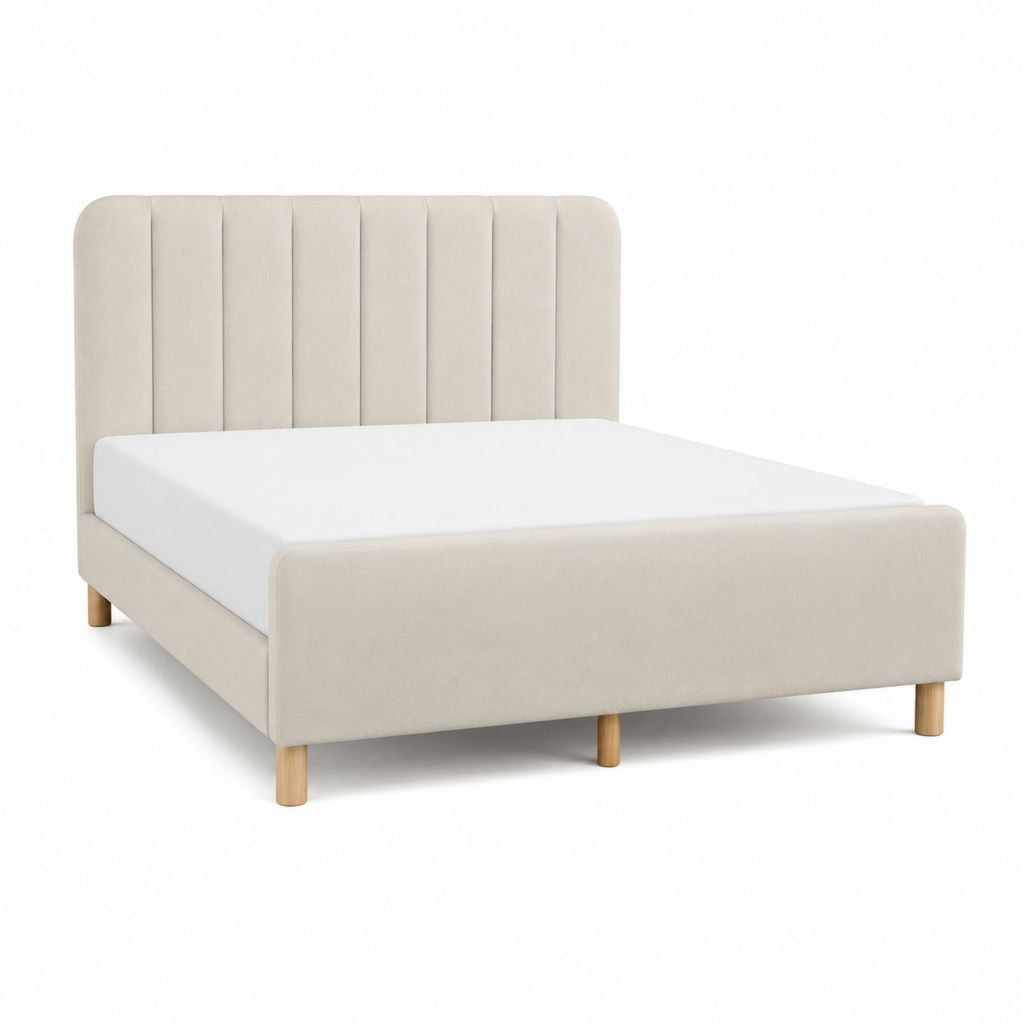 Lit double 160 x 200 cm beige en polyester avec tête de lit capitonnée et pieds en bois massif