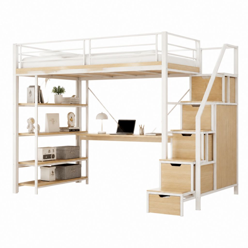 Lit mezzanine 90 x 200 cm avec bureau étagères escalier de rangement acier blanc et panneaux mélaminés chêne clair