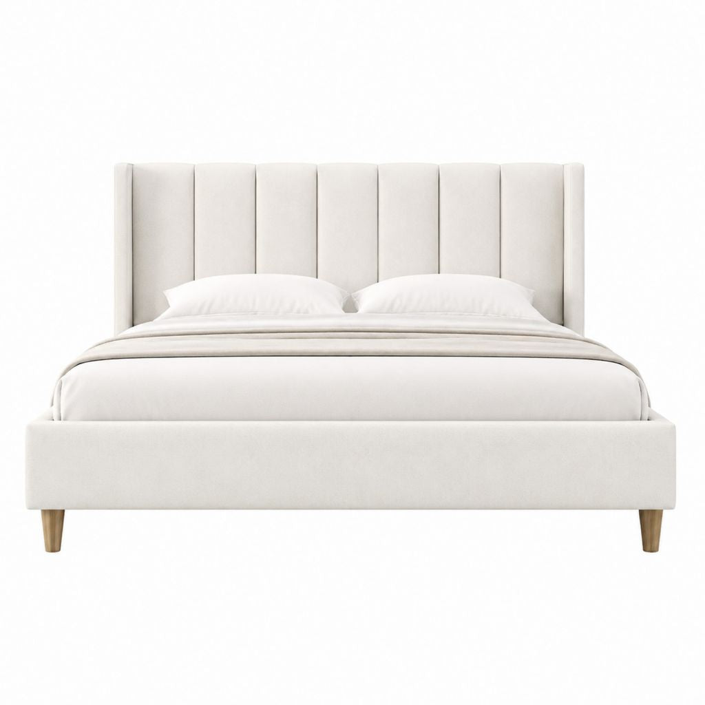 Lit double 160 x 200 cm beige en polyester avec tête de lit capitonnée