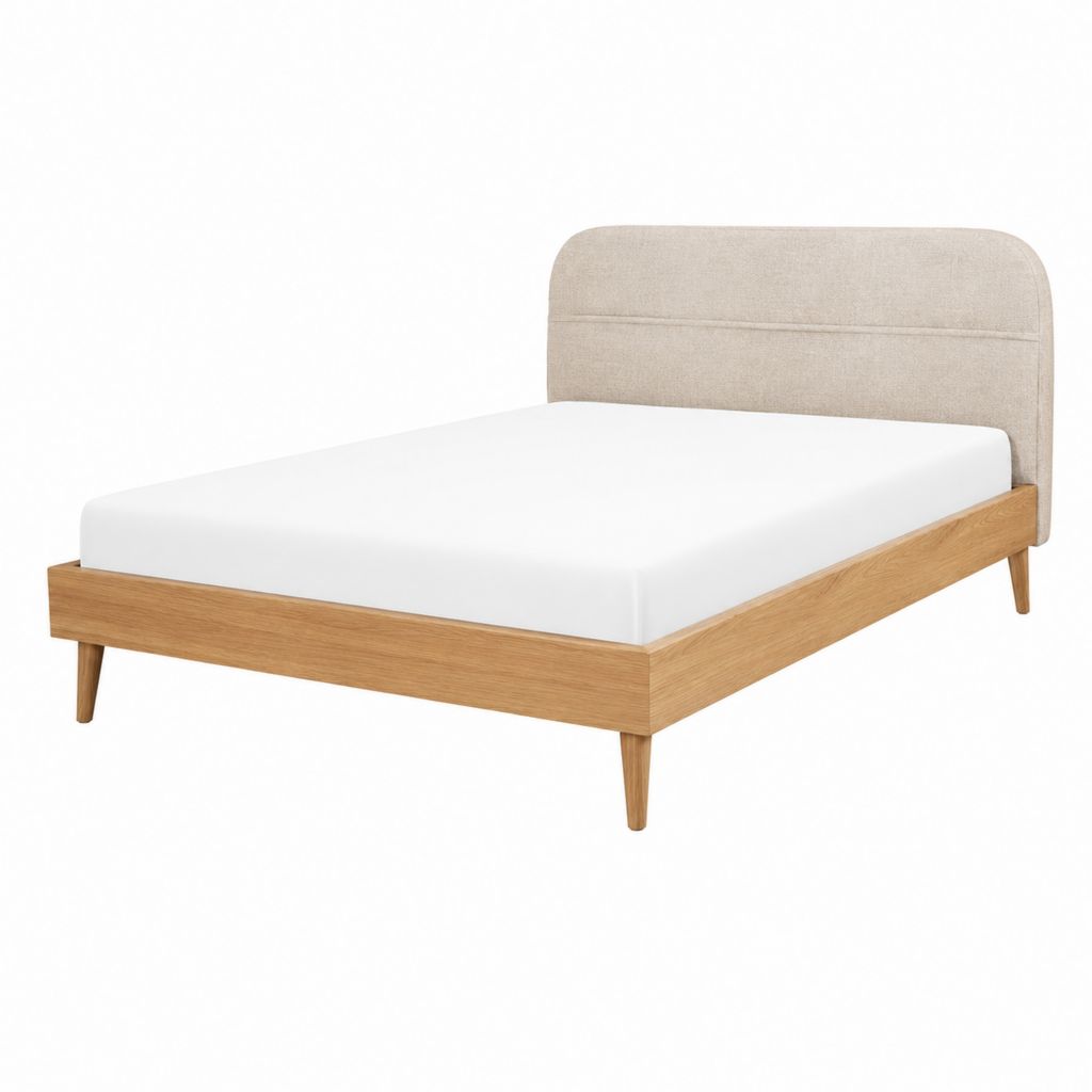 Lit double avec tête de lit beige cadre en MDF plaqué chêne 160 x 200 cm