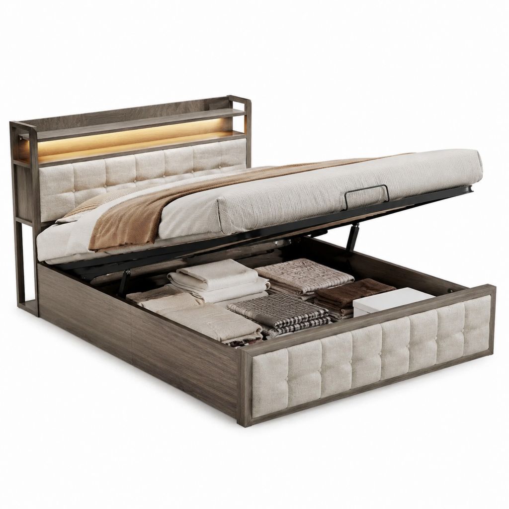 Lit coffre 160 x 200 cm gris brun en panneaux MDF avec tête de lit capitonnée et éclairage LED