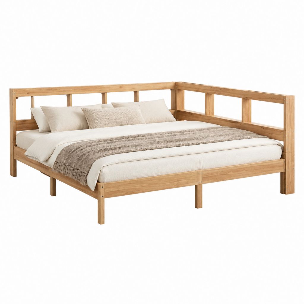 Lit banquette double en pin massif naturel 180 x 200 cm avec cadre à barrières