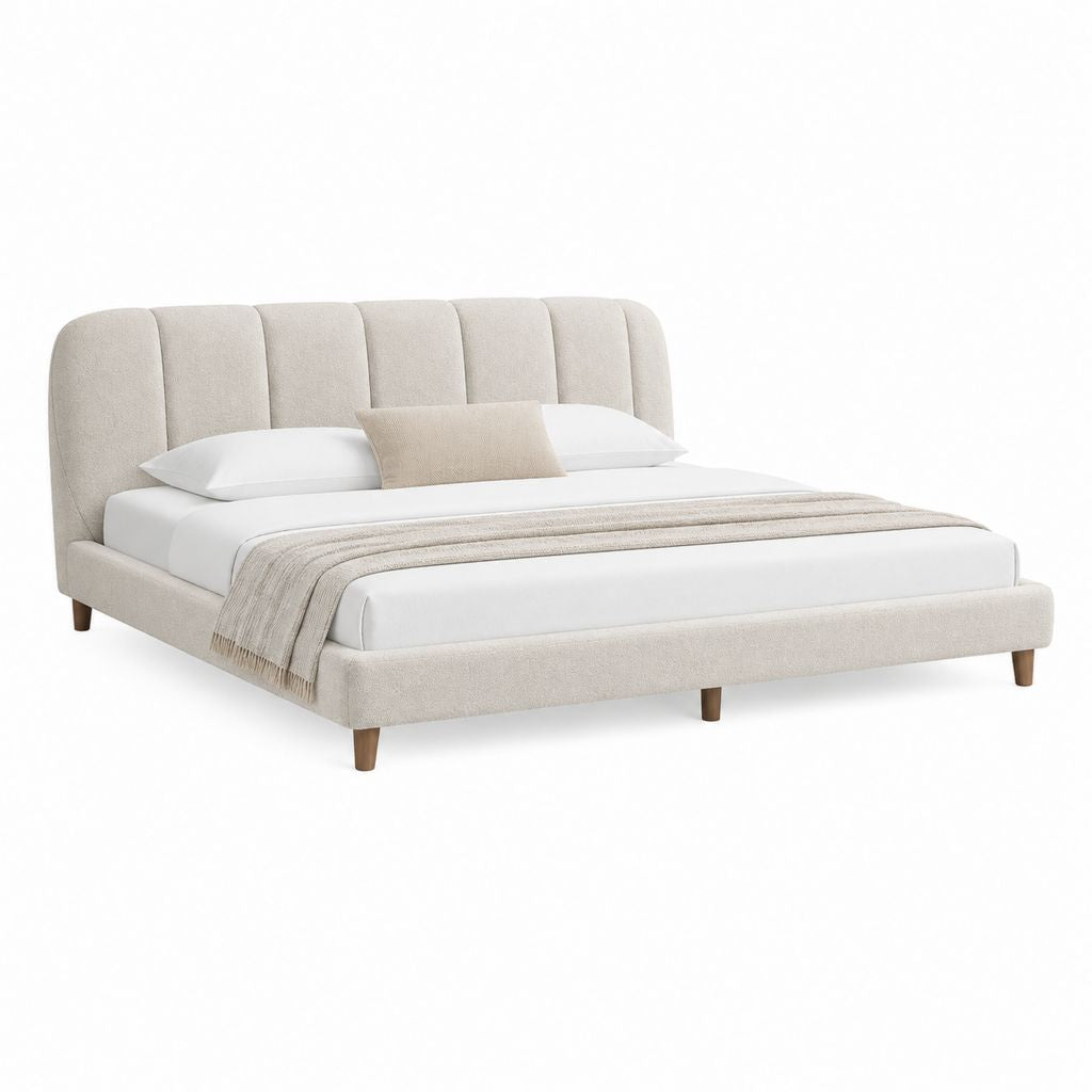 Cadre de lit double beige en polyester avec tête de lit capitonnée 160 x 200 cm