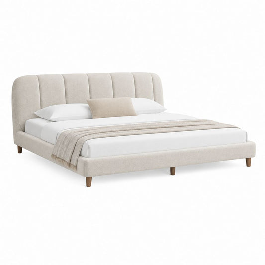 Cadre de lit double beige en polyester avec tête de lit capitonnée 160 x 200 cm