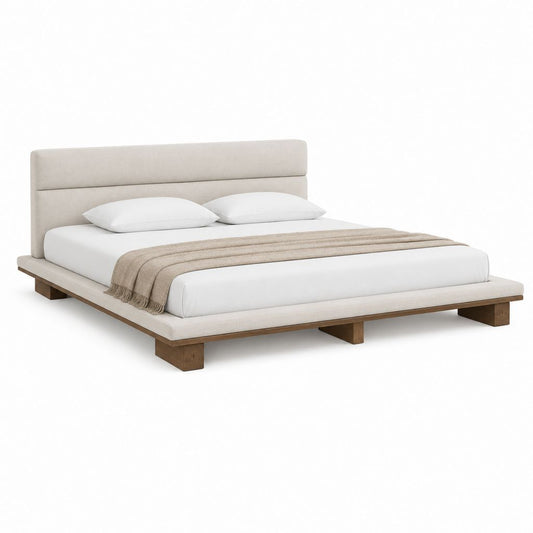 Lit plateforme double beige et noyer en bois massif et polyester 180 x 200 cm