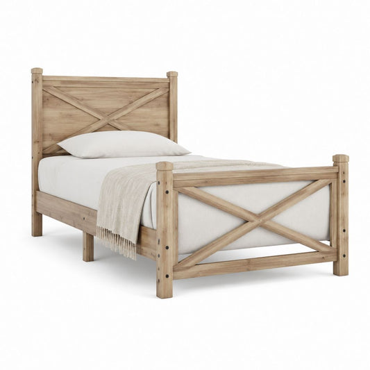 Cadre de lit double 140 x 190 cm en pin massif naturel avec tête et pied de lit croisés