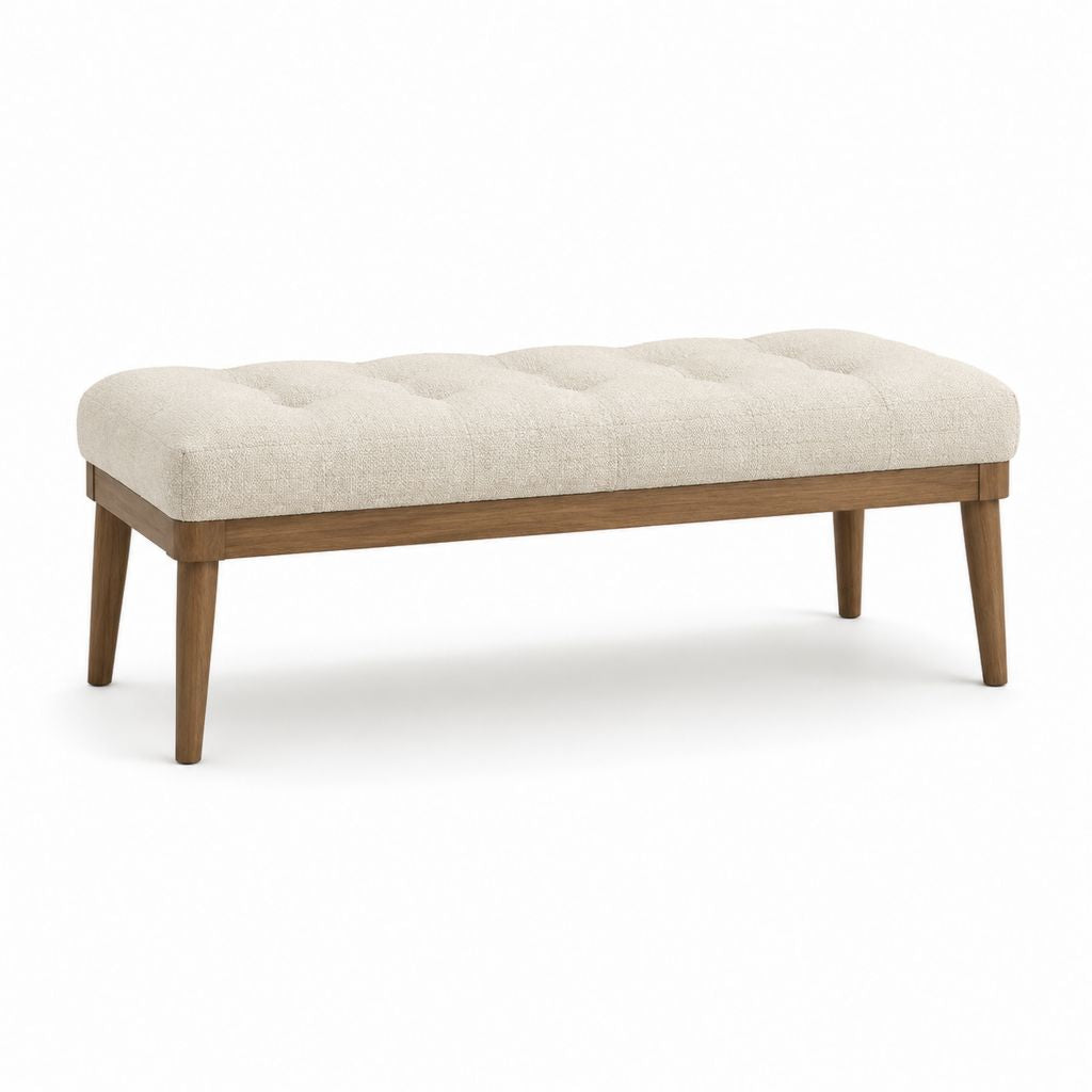 Banc de bout de lit rectangulaire beige en polyester bouclé et hévéa massif finition noyer 120 x 40 x 46 cm