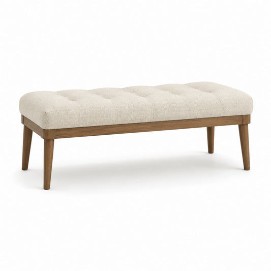 Banc de bout de lit rectangulaire beige en polyester bouclé et hévéa massif finition noyer 120 x 40 x 46 cm