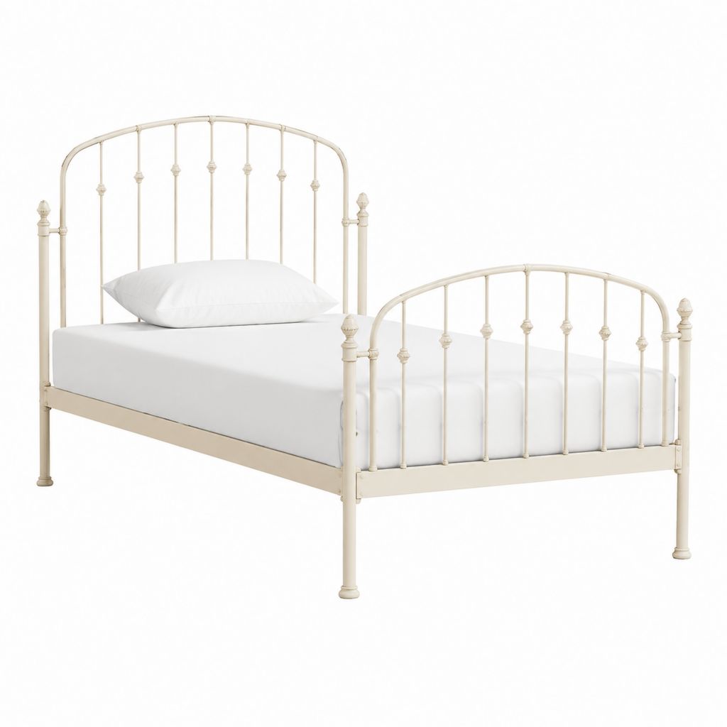 Lit simple 90 x 190 cm en acier crème avec cadre à barreaux arrondi