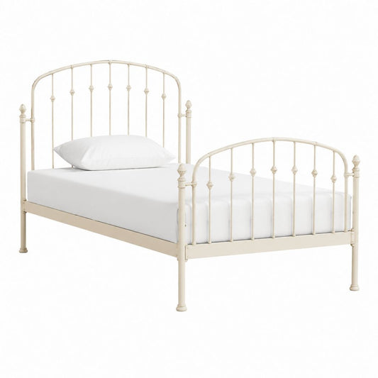 Lit simple 90 x 190 cm en acier crème avec cadre à barreaux arrondi
