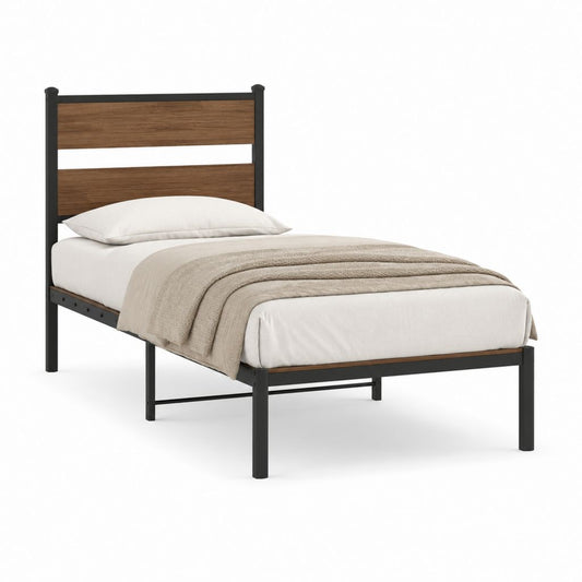 Cadre de lit simple 90 x 190 cm noir et noyer en acier et panneaux MDF
