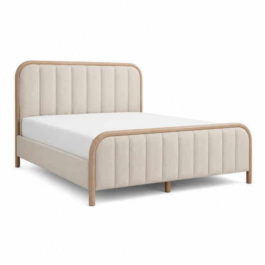 Cadre de lit double 160 x 200 cm beige en polyester et bois d'hévéa avec tête de lit capitonnée
