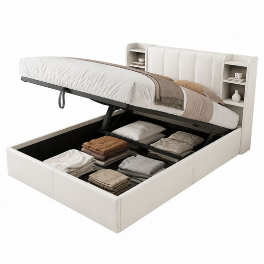 Lit coffre 160 x 200 cm rectangulaire beige en polyester avec tête de lit à étagères