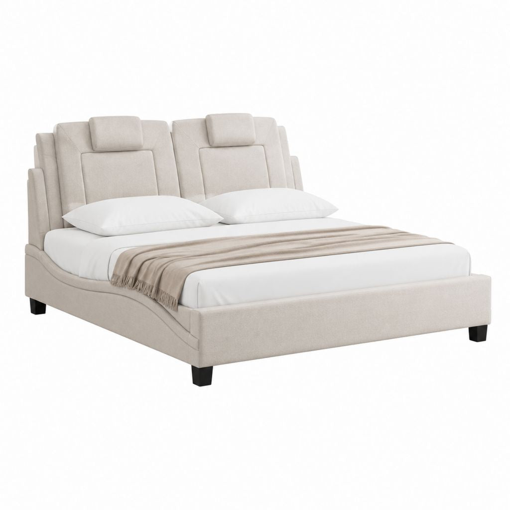 Lit double beige en polyester avec tête de lit capitonnée 160 x 200 cm