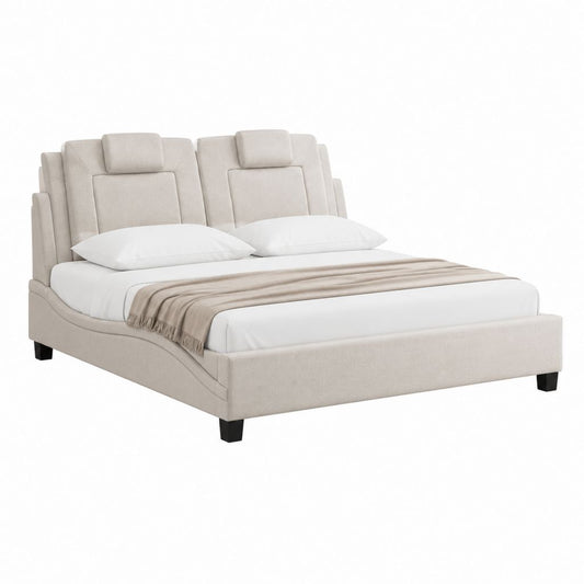 Lit double beige en polyester avec tête de lit capitonnée 160 x 200 cm