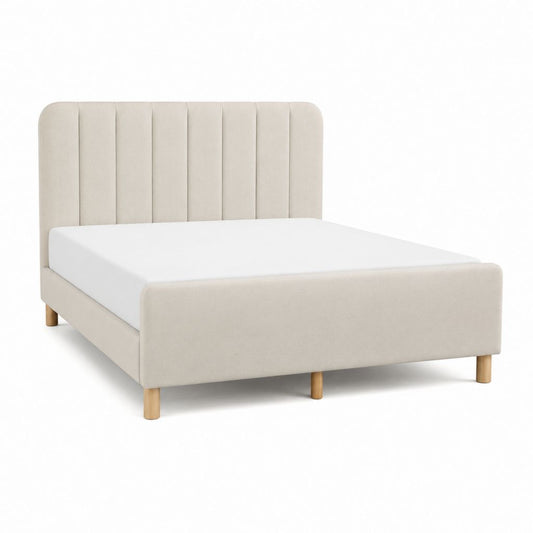 Lit double 160 x 200 cm beige en polyester avec tête de lit capitonnée et pieds en bois massif