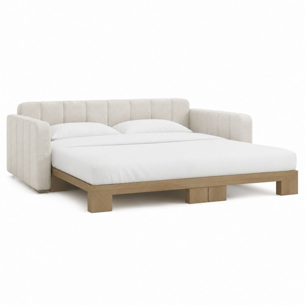 Cadre de lit 160 x 200 cm avec tête de lit et accoudoirs beige en polyester et bois massif
