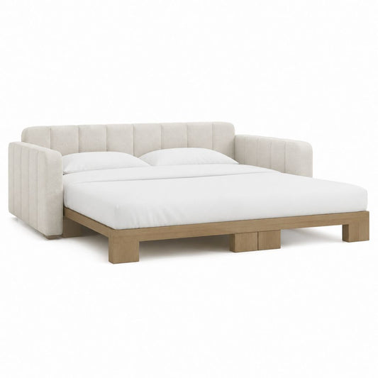 Cadre de lit 160 x 200 cm avec tête de lit et accoudoirs beige en polyester et bois massif