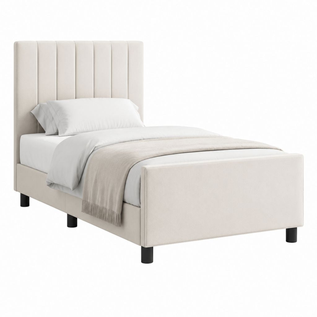 Lit simple capitonné beige en polyester 90 x 190 cm avec cadre et tête de lit haute