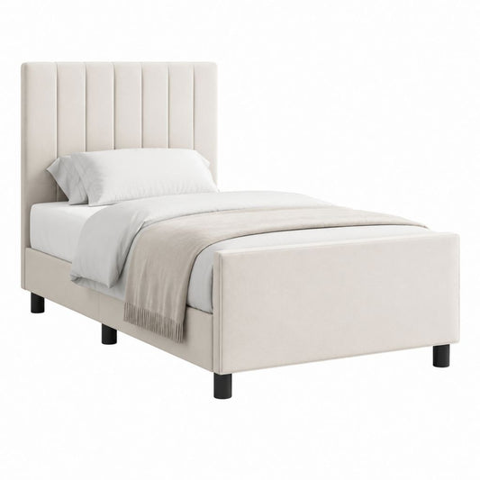 Lit simple capitonné beige en polyester 90 x 190 cm avec cadre et tête de lit haute