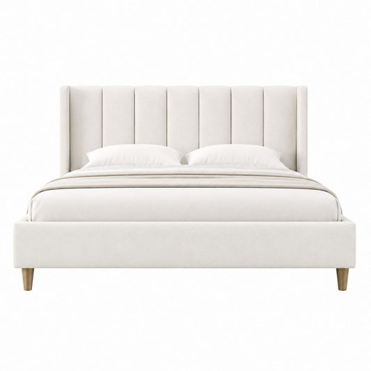 Lit double 160 x 200 cm beige en polyester avec tête de lit capitonnée