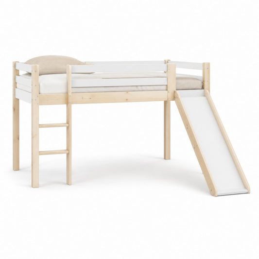 Lit mezzanine enfant avec toboggan et échelle blanc et pin massif 90 x 200 cm