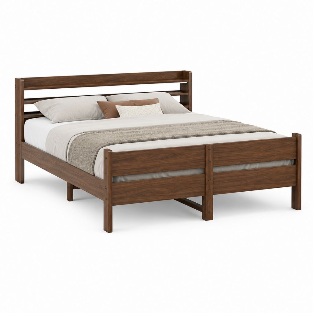 Lit double 160 x 200 cm marron noyer en bois massif rectangulaire avec tête de lit à lattes