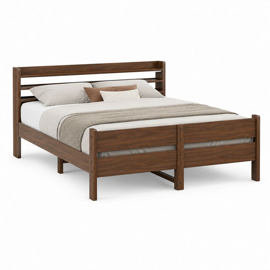 Lit double 160 x 200 cm marron noyer en bois massif rectangulaire avec tête de lit à lattes