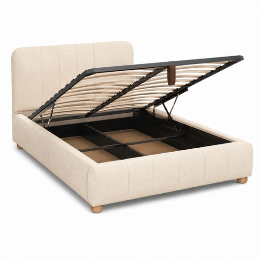 Lit coffre rectangulaire 160 x 200 cm beige en polyester avec sommier à lattes et tête de lit